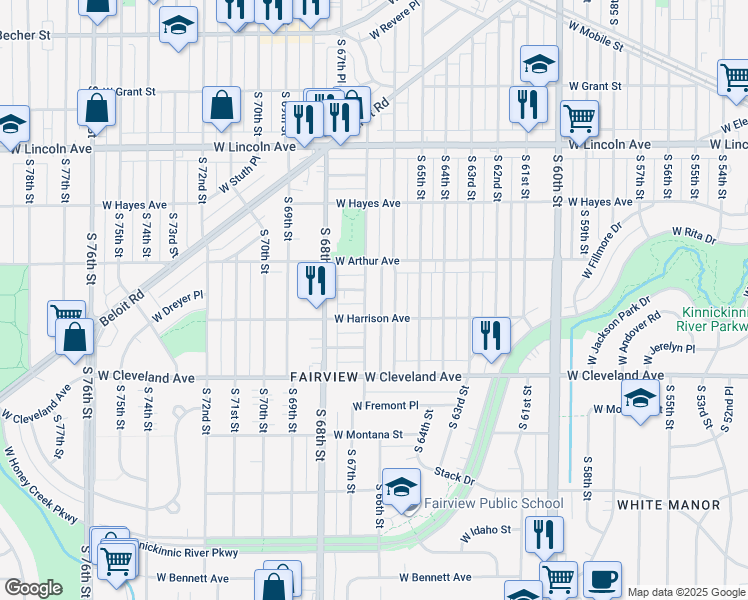 map of restaurants, bars, coffee shops, grocery stores, and more near 6700 West Harrison Avenue in Milwaukee