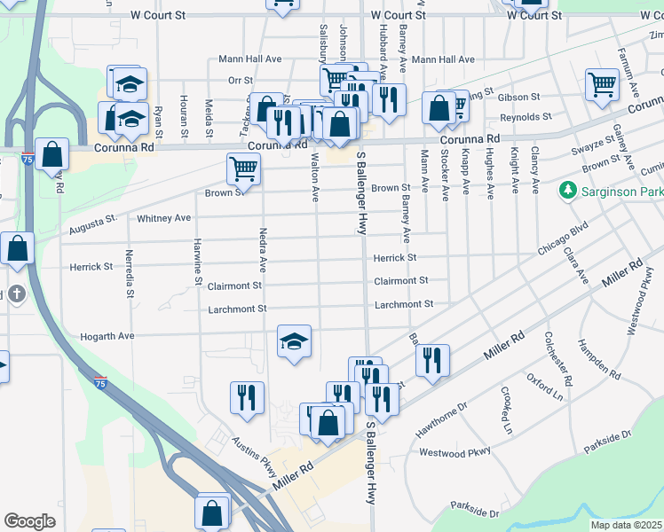map of restaurants, bars, coffee shops, grocery stores, and more near 3709 Herrick Street in Flint