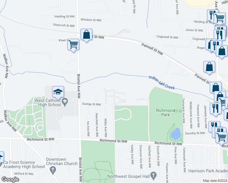 map of restaurants, bars, coffee shops, grocery stores, and more near 1402 Preston Ridge Street Northwest in Grand Rapids