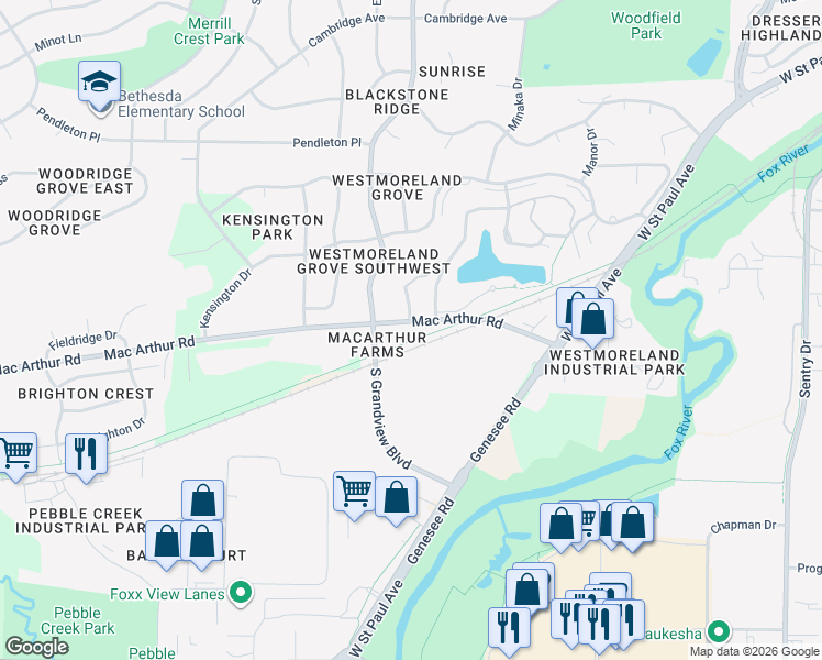 map of restaurants, bars, coffee shops, grocery stores, and more near 1201 South Grandview Boulevard in Waukesha