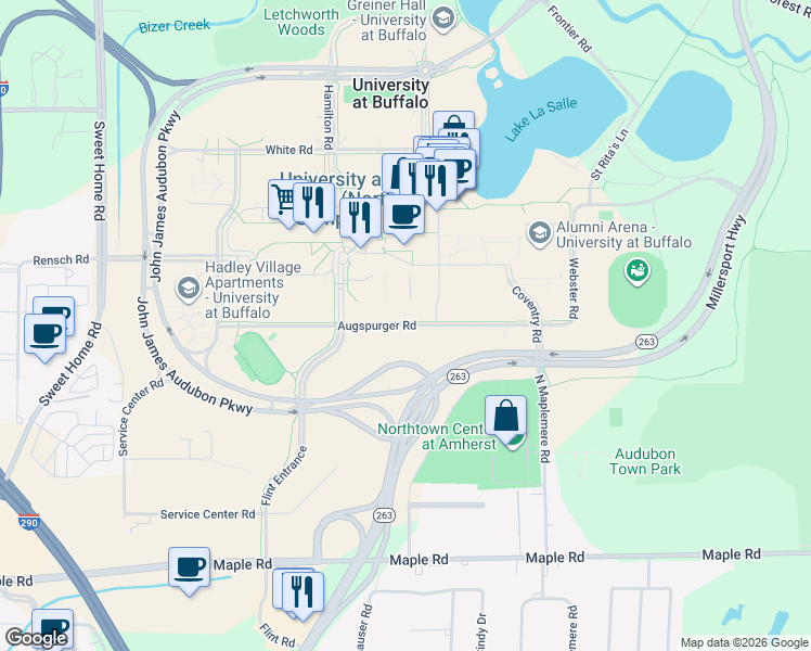 map of restaurants, bars, coffee shops, grocery stores, and more near Augspurger Road in Buffalo