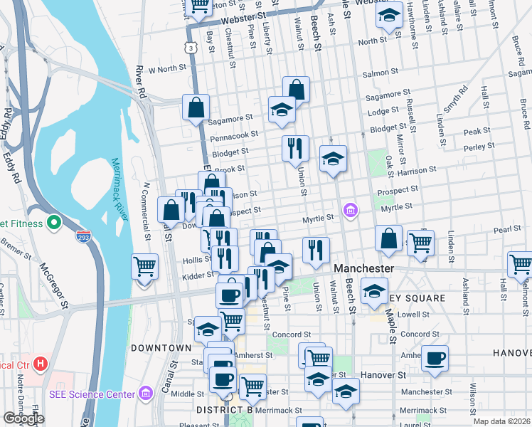 map of restaurants, bars, coffee shops, grocery stores, and more near 113 Myrtle Street in Manchester
