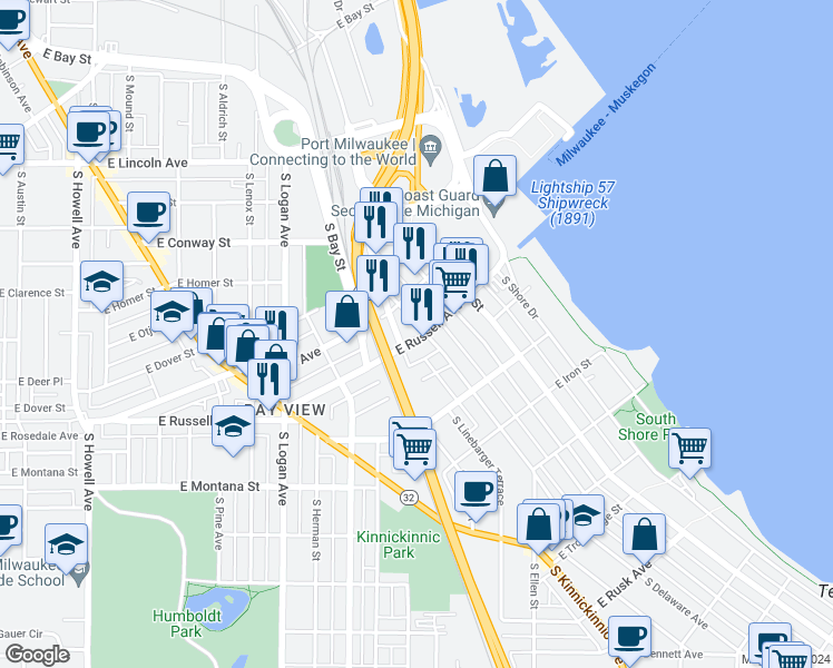 map of restaurants, bars, coffee shops, grocery stores, and more near 2499 South Delaware Avenue in Milwaukee