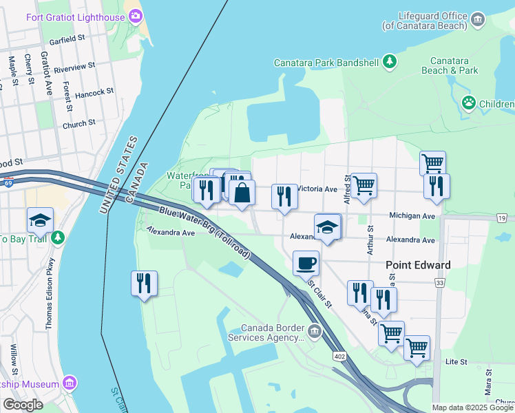 map of restaurants, bars, coffee shops, grocery stores, and more near 204 Michigan Avenue in Point Edward