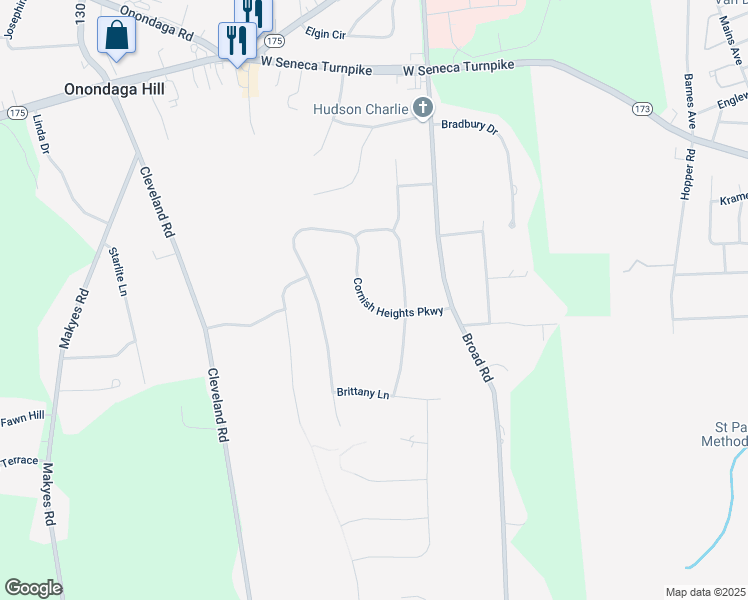 map of restaurants, bars, coffee shops, grocery stores, and more near 4979 Cornish Heights Parkway in Syracuse