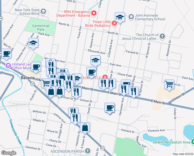 map of restaurants, bars, coffee shops, grocery stores, and more near 405 East Main Street in Batavia