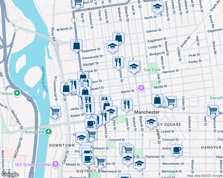 map of restaurants, bars, coffee shops, grocery stores, and more near 113 Myrtle Street in Manchester