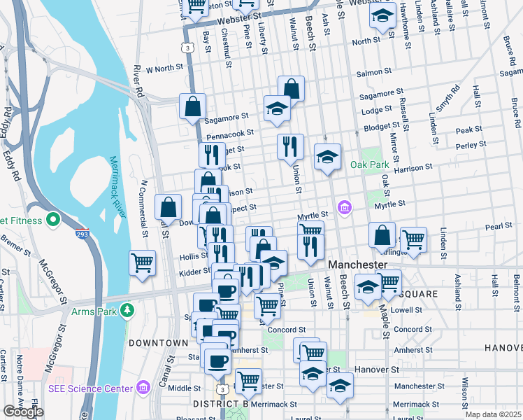 map of restaurants, bars, coffee shops, grocery stores, and more near 113 Myrtle Street in Manchester