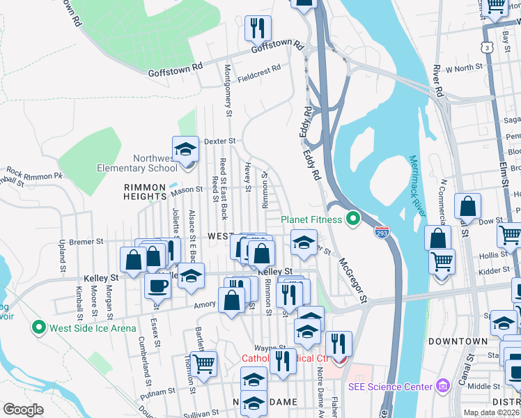 map of restaurants, bars, coffee shops, grocery stores, and more near 661 Hevey Street in Manchester