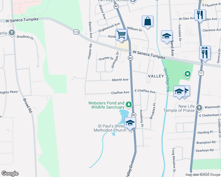 map of restaurants, bars, coffee shops, grocery stores, and more near 193 Chaffee Avenue in Syracuse