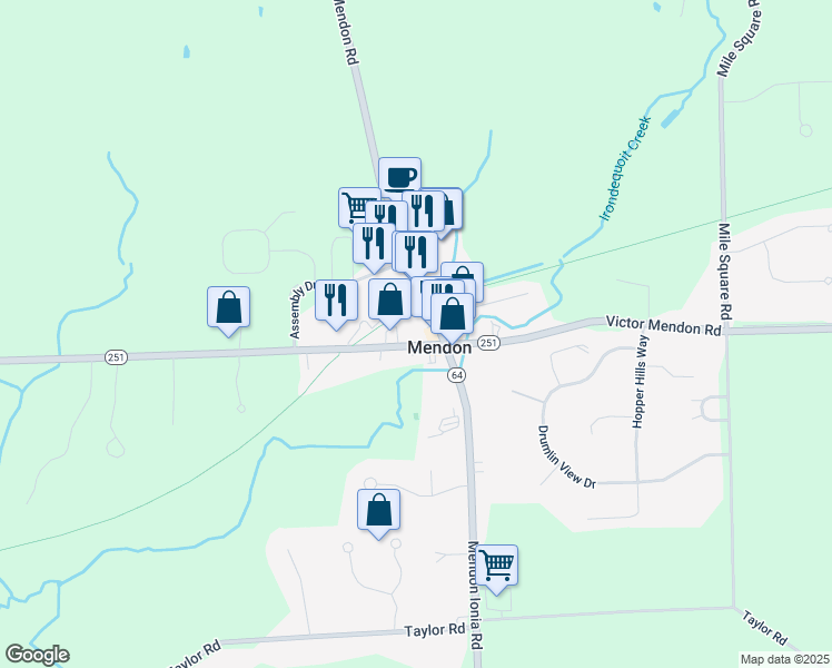 map of restaurants, bars, coffee shops, grocery stores, and more near 3889 Rush Mendon Road in Mendon