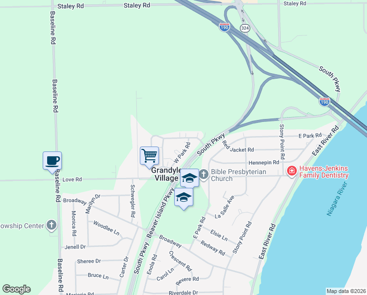 map of restaurants, bars, coffee shops, grocery stores, and more near 57 West Park Road in Grand Island