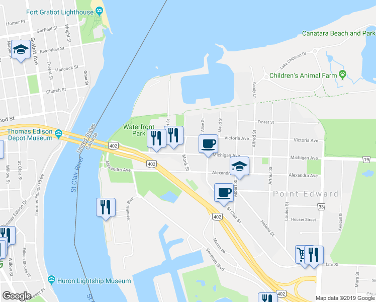 map of restaurants, bars, coffee shops, grocery stores, and more near 209 Michigan Avenue in Point Edward