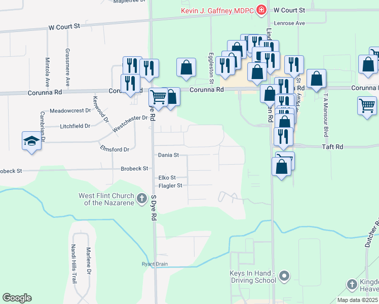 map of restaurants, bars, coffee shops, grocery stores, and more near 5181 Dania Street in Flint