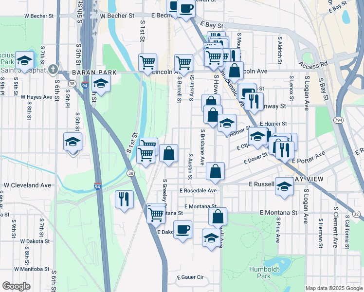 map of restaurants, bars, coffee shops, grocery stores, and more near 2571 South Austin Street in Milwaukee