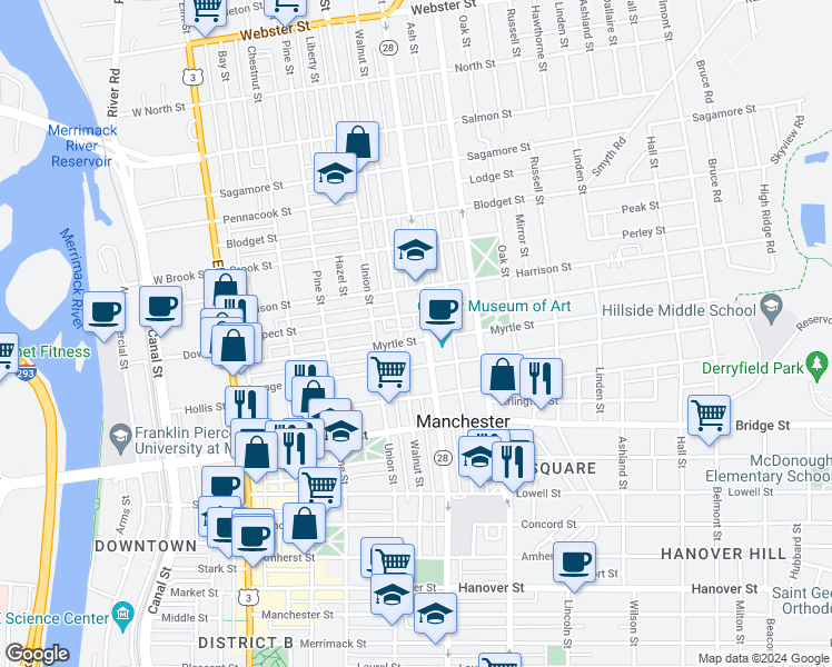 map of restaurants, bars, coffee shops, grocery stores, and more near 184 Myrtle Street in Manchester