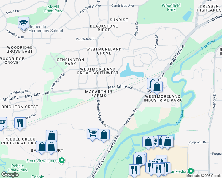 map of restaurants, bars, coffee shops, grocery stores, and more near 1201 South Grandview Boulevard in Waukesha