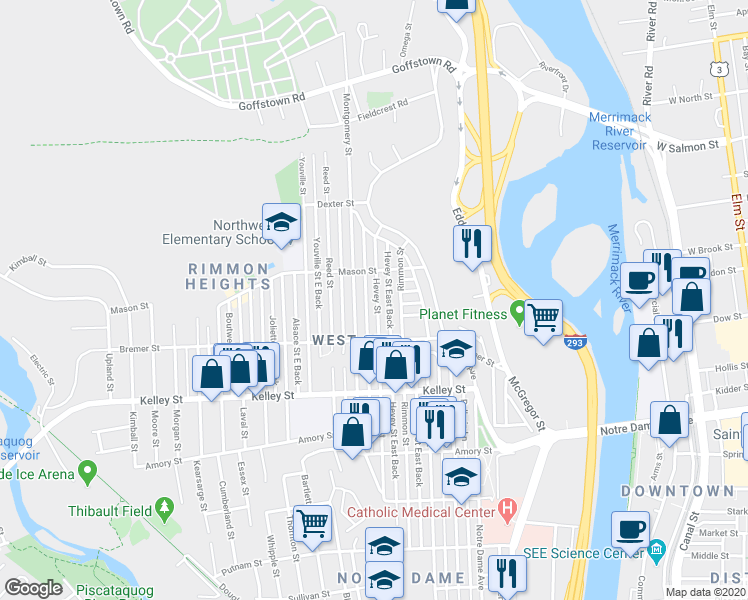 map of restaurants, bars, coffee shops, grocery stores, and more near 696 Hevey Street in Manchester