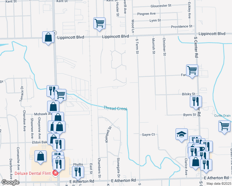 map of restaurants, bars, coffee shops, grocery stores, and more near 3002 Farley Street in Flint