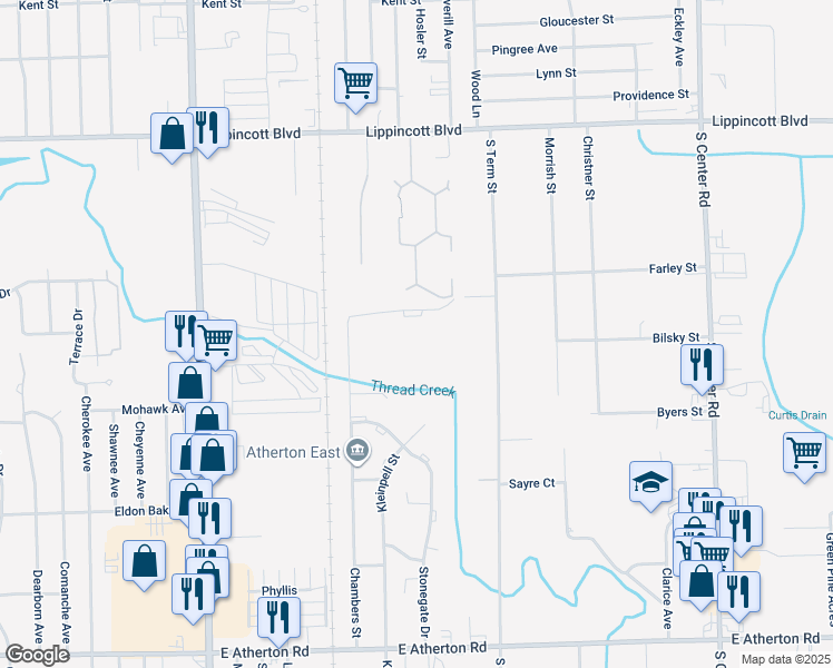 map of restaurants, bars, coffee shops, grocery stores, and more near 3002 Farley Street in Flint