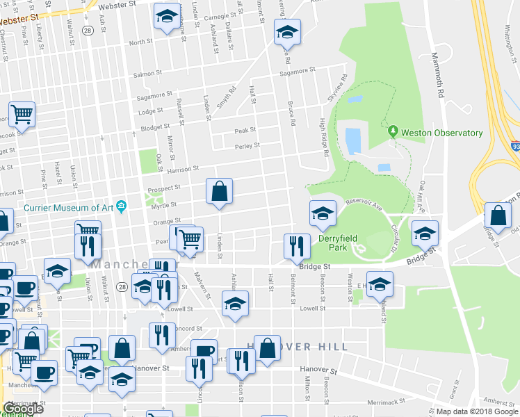 map of restaurants, bars, coffee shops, grocery stores, and more near 356 Orange Street in Manchester