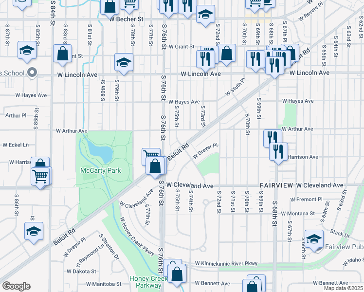 map of restaurants, bars, coffee shops, grocery stores, and more near W Beloit Rd & S 75th St in West Allis