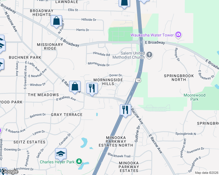map of restaurants, bars, coffee shops, grocery stores, and more near 412 Sheffield Road in Waukesha