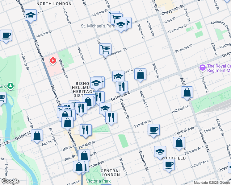 map of restaurants, bars, coffee shops, grocery stores, and more near 763 Colborne Street in London