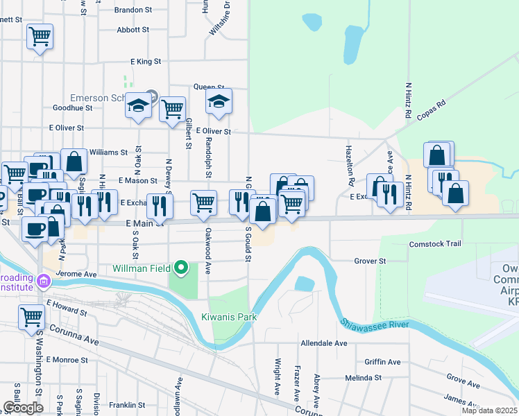 map of restaurants, bars, coffee shops, grocery stores, and more near 209 South Gould Street in Owosso
