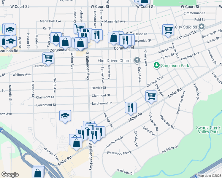 map of restaurants, bars, coffee shops, grocery stores, and more near 3221 Herrick Street in Flint