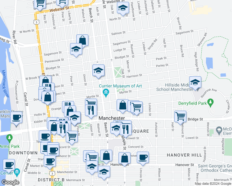 map of restaurants, bars, coffee shops, grocery stores, and more near 228 Myrtle Street in Manchester