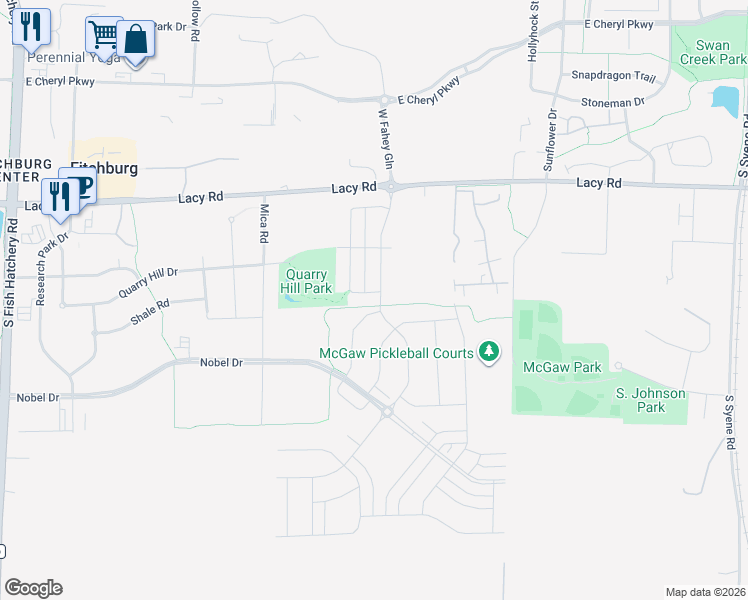 map of restaurants, bars, coffee shops, grocery stores, and more near 2575 Fahey Glen in Fitchburg