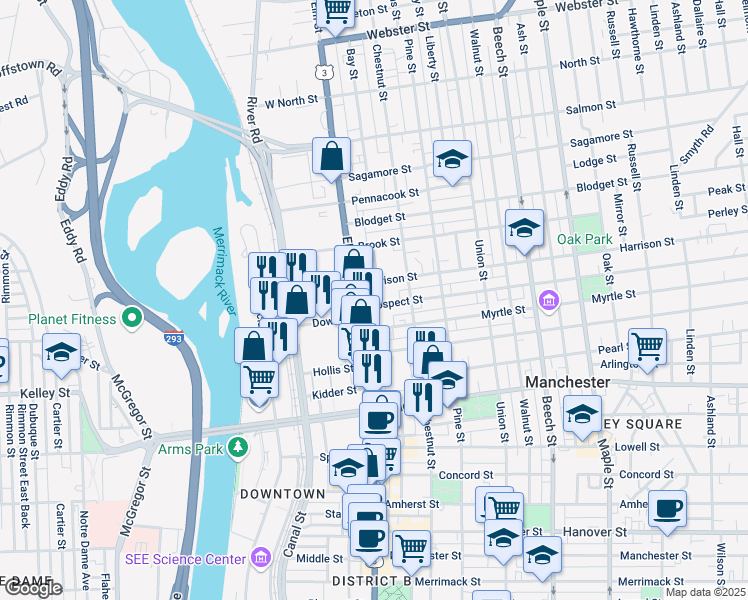 map of restaurants, bars, coffee shops, grocery stores, and more near 32 Myrtle Street in Manchester