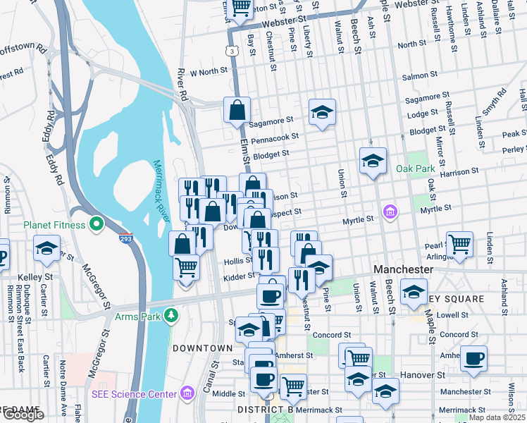 map of restaurants, bars, coffee shops, grocery stores, and more near 32 Myrtle Street in Manchester
