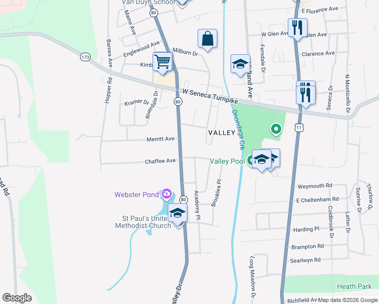 map of restaurants, bars, coffee shops, grocery stores, and more near 106 Academy Place in Syracuse