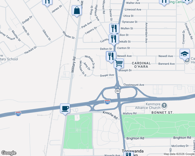 map of restaurants, bars, coffee shops, grocery stores, and more near 2225 Military Road in Tonawanda