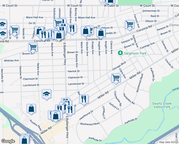 map of restaurants, bars, coffee shops, grocery stores, and more near 1702 Knapp Avenue in Flint