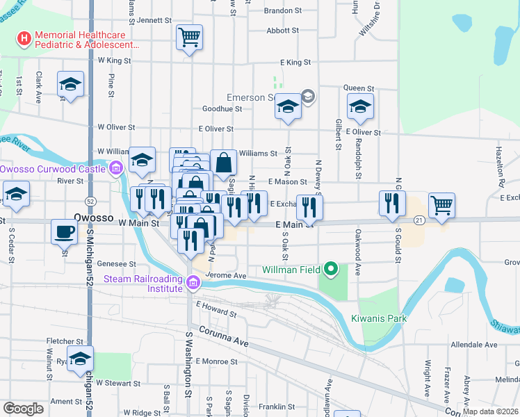map of restaurants, bars, coffee shops, grocery stores, and more near 412 East Main Street in Owosso