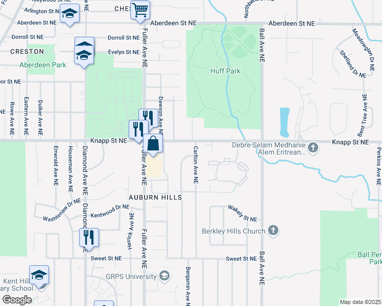 map of restaurants, bars, coffee shops, grocery stores, and more near 1910 Benjamin Avenue Northeast in Grand Rapids