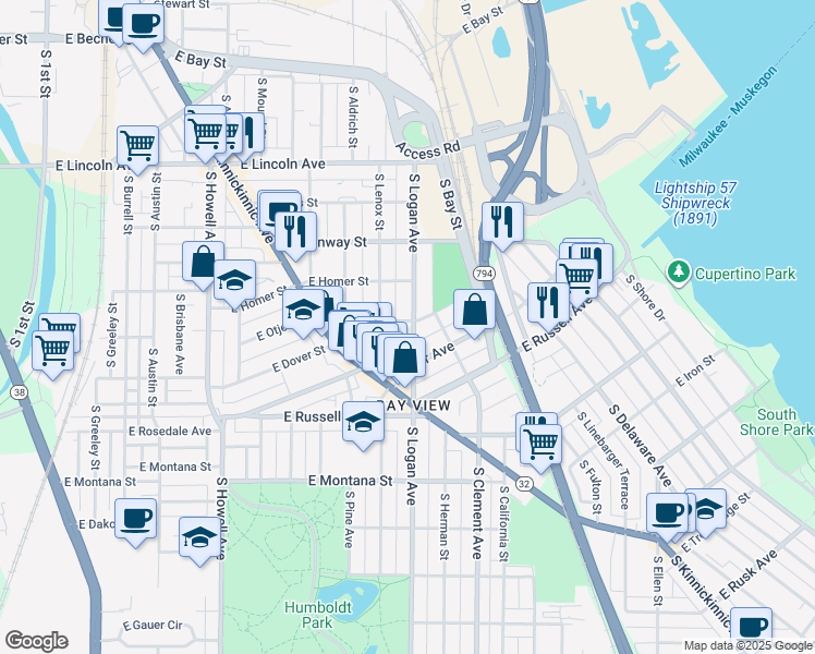 map of restaurants, bars, coffee shops, grocery stores, and more near 2583 South Logan Avenue in Milwaukee