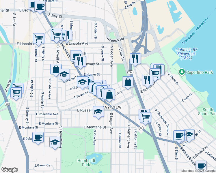 map of restaurants, bars, coffee shops, grocery stores, and more near 2583 South Logan Avenue in Milwaukee
