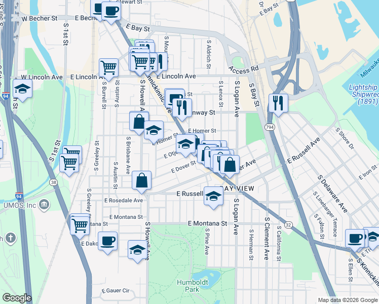 map of restaurants, bars, coffee shops, grocery stores, and more near 622 East Dover Street in Milwaukee