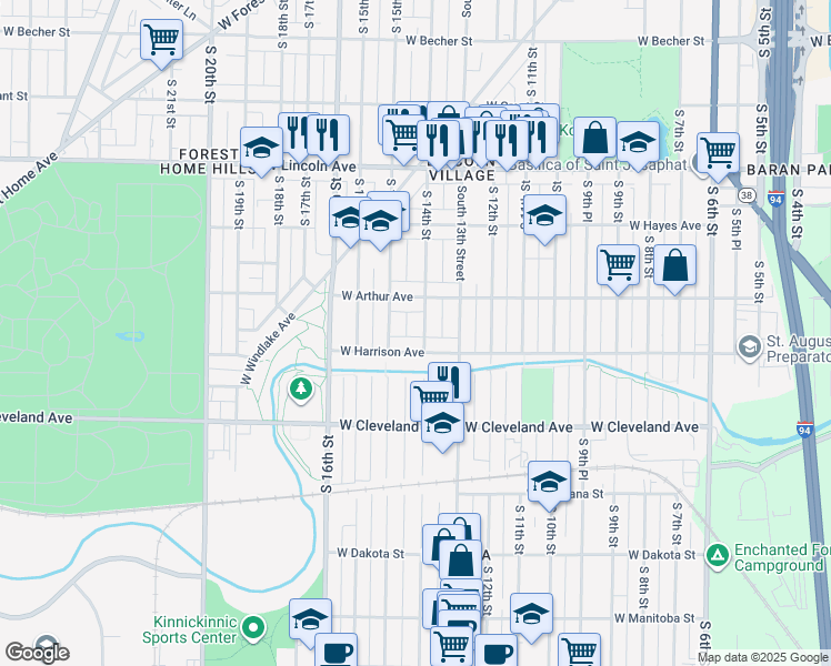 map of restaurants, bars, coffee shops, grocery stores, and more near 2603a South 14th Street in Milwaukee