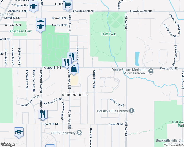 map of restaurants, bars, coffee shops, grocery stores, and more near 1910 Benjamin Avenue Northeast in Grand Rapids