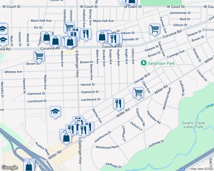 map of restaurants, bars, coffee shops, grocery stores, and more near 1702 Knapp Avenue in Flint