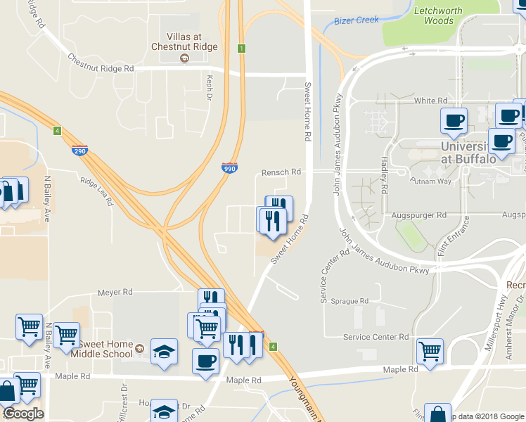 map of restaurants, bars, coffee shops, grocery stores, and more near 3975 Rensch Road in Buffalo