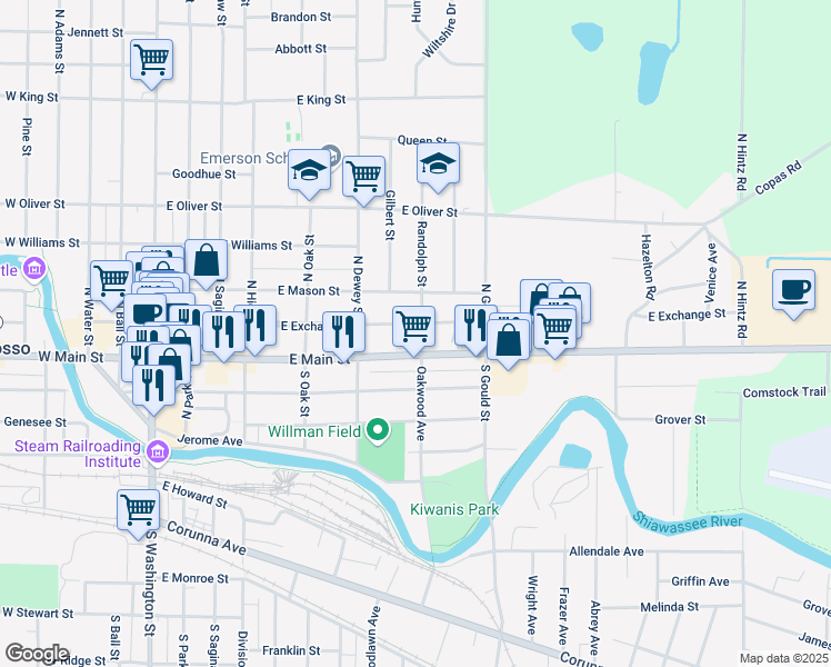 map of restaurants, bars, coffee shops, grocery stores, and more near 118 Oakwood Avenue in Owosso