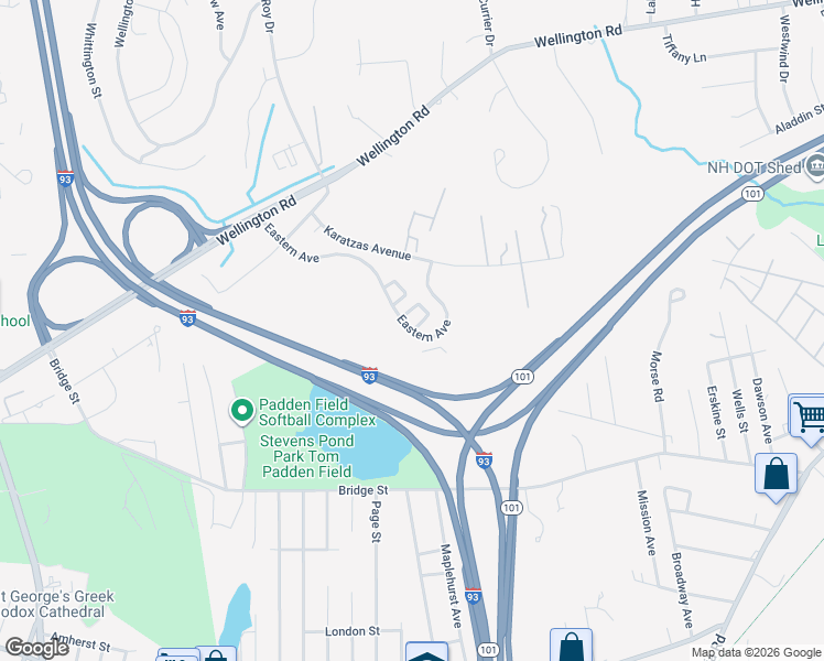 map of restaurants, bars, coffee shops, grocery stores, and more near 145 Eastern Avenue in Manchester