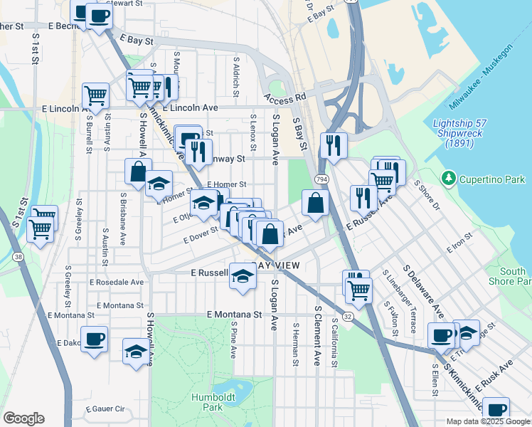 map of restaurants, bars, coffee shops, grocery stores, and more near 2583 South Logan Avenue in Milwaukee