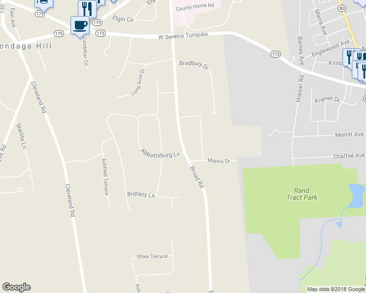 map of restaurants, bars, coffee shops, grocery stores, and more near 4674 Broad Road in Syracuse